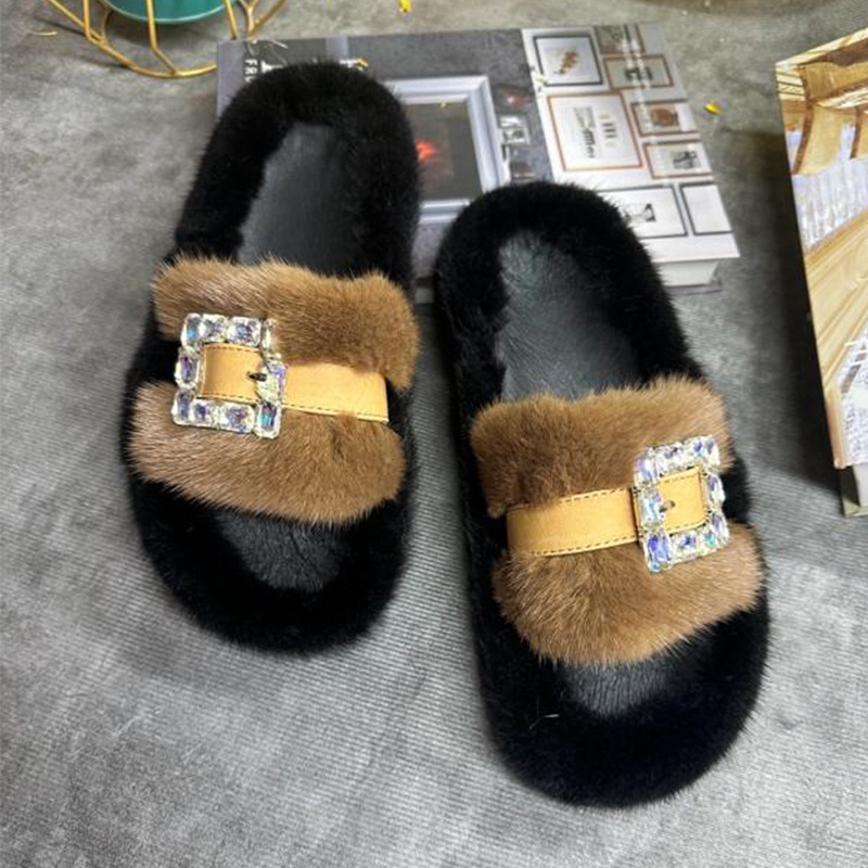 Women Shoes Mules - Chinelos de Pele de Vison Femininos,