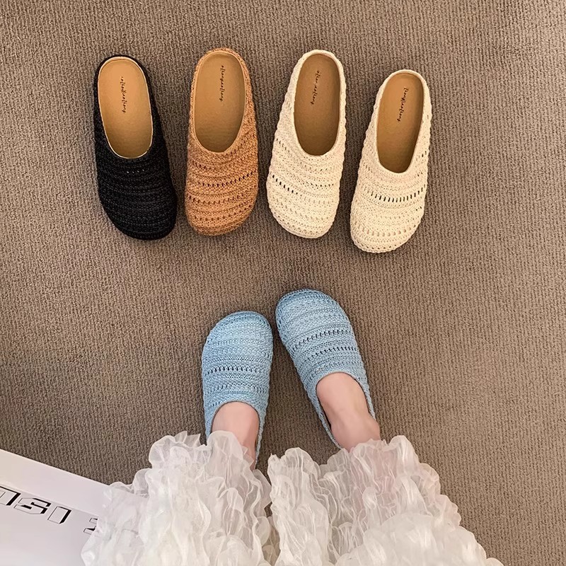 Women Shoes Mules - Chinelos femininos de ráfia, respiráveis, com