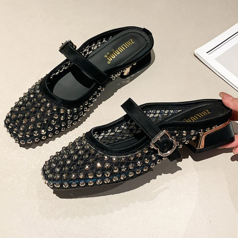 Women Shoes Mules - Malha strass salto grosso mules chinelos