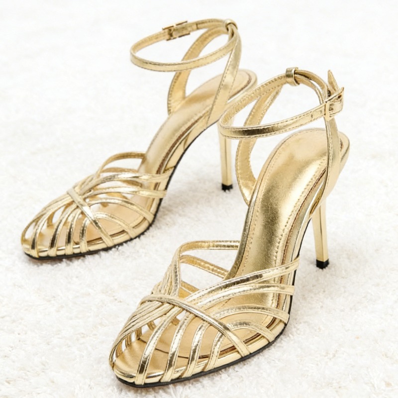Metallic Heel Sandal - Sexy ouro oco banda estreita sandália