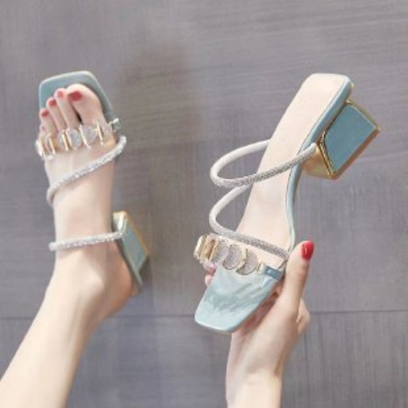 Clear Strap Heel - Sandálias Femininas de Verão com Strass