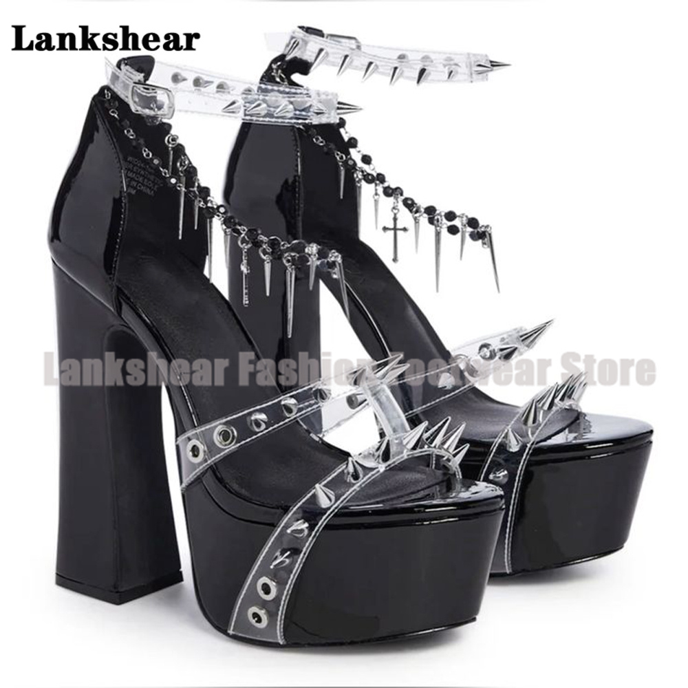 Plataforma cravejada sandálias - Clear Strap Heel avaliação e preço